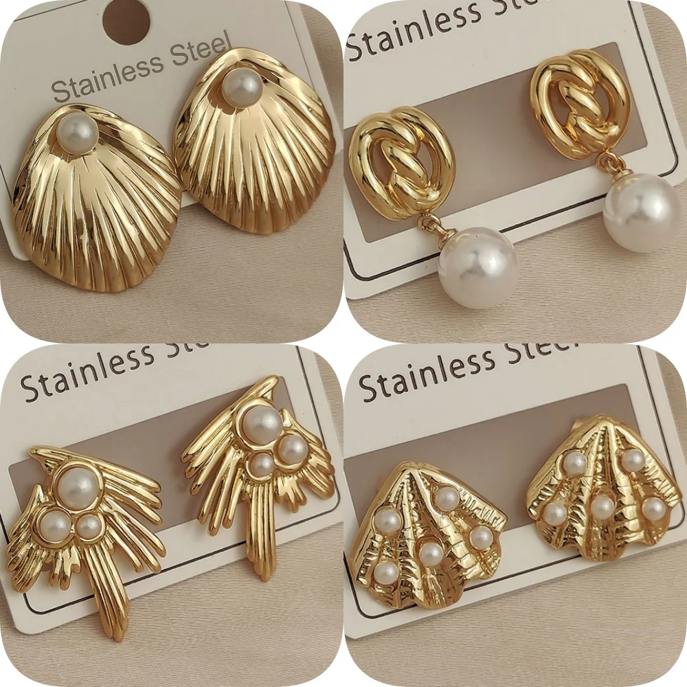

Creative heavy metal leaf shell pearl stainless steel earrings, waterproof and rust-free women's earrings, party jewelry