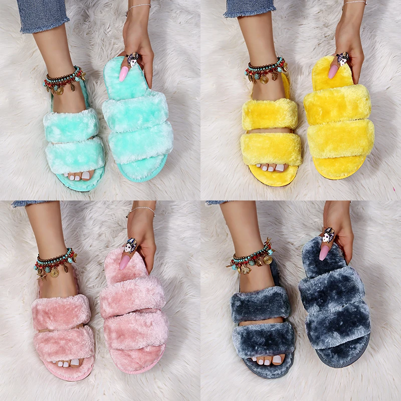 New Winter Women Leopard Pattern Plush Slippers Open Toe Soft Sole House Shoes Woman Indoor Comfort Warm Faux Fur Home Slippers view 2