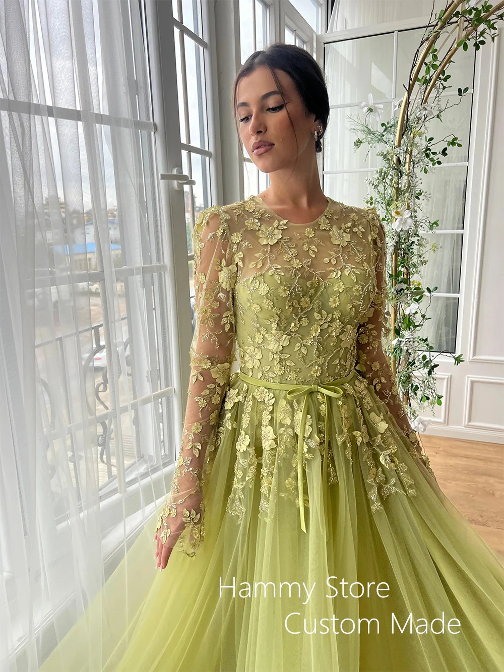 Olive Green Evening Dress Customized Round Neck Long Sleeves Beading Flower Lace Robe De Soiree Prom Dresses Party Gown