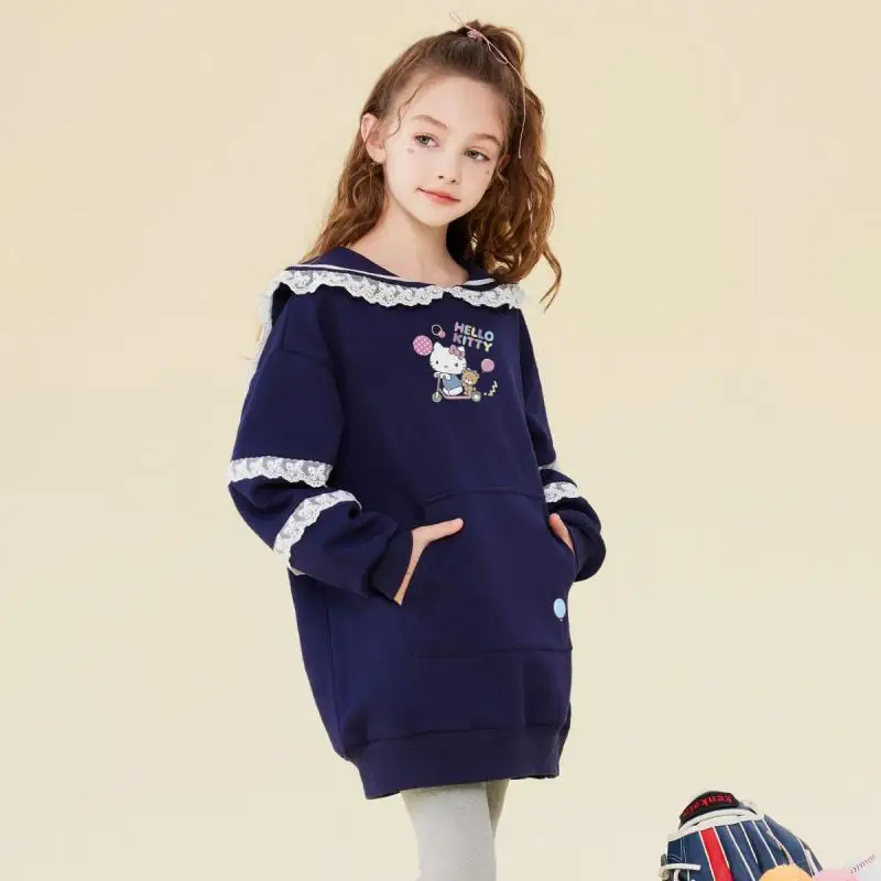 Child Hoodie Autumn Children Medium Length Navy Collar Long Sleeve Tops Kawaii Kt Cat Cartoon Sweatshirt Dress Bottom Shirt Gift