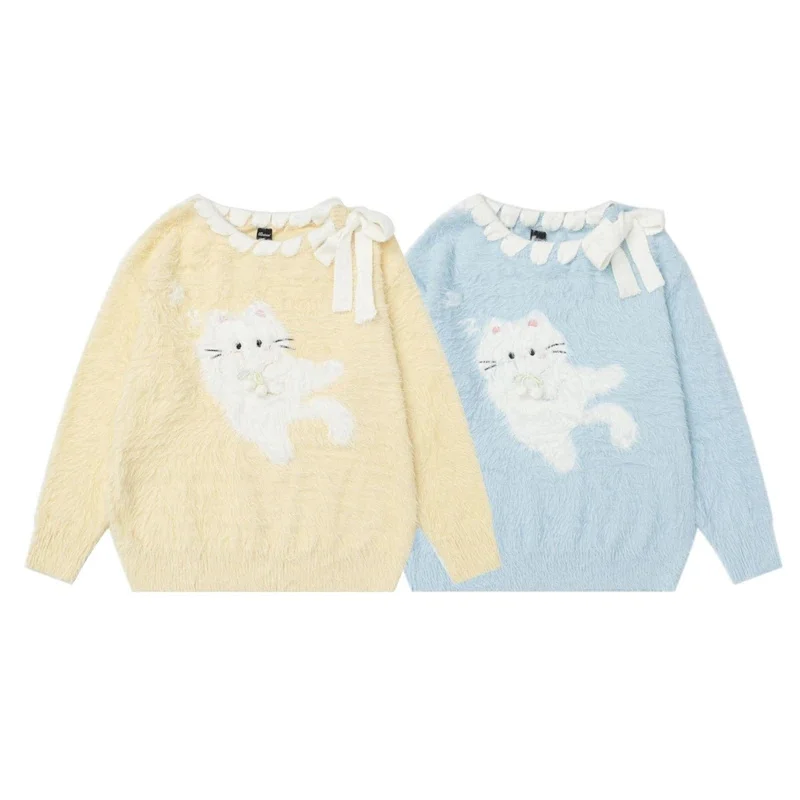 Cat Jacquard Sweater For Girls Casual Y2K Loose Knit Fleece Lined Warm Pullover Thick Cozy Winter Sweater Arrival Loose Top New