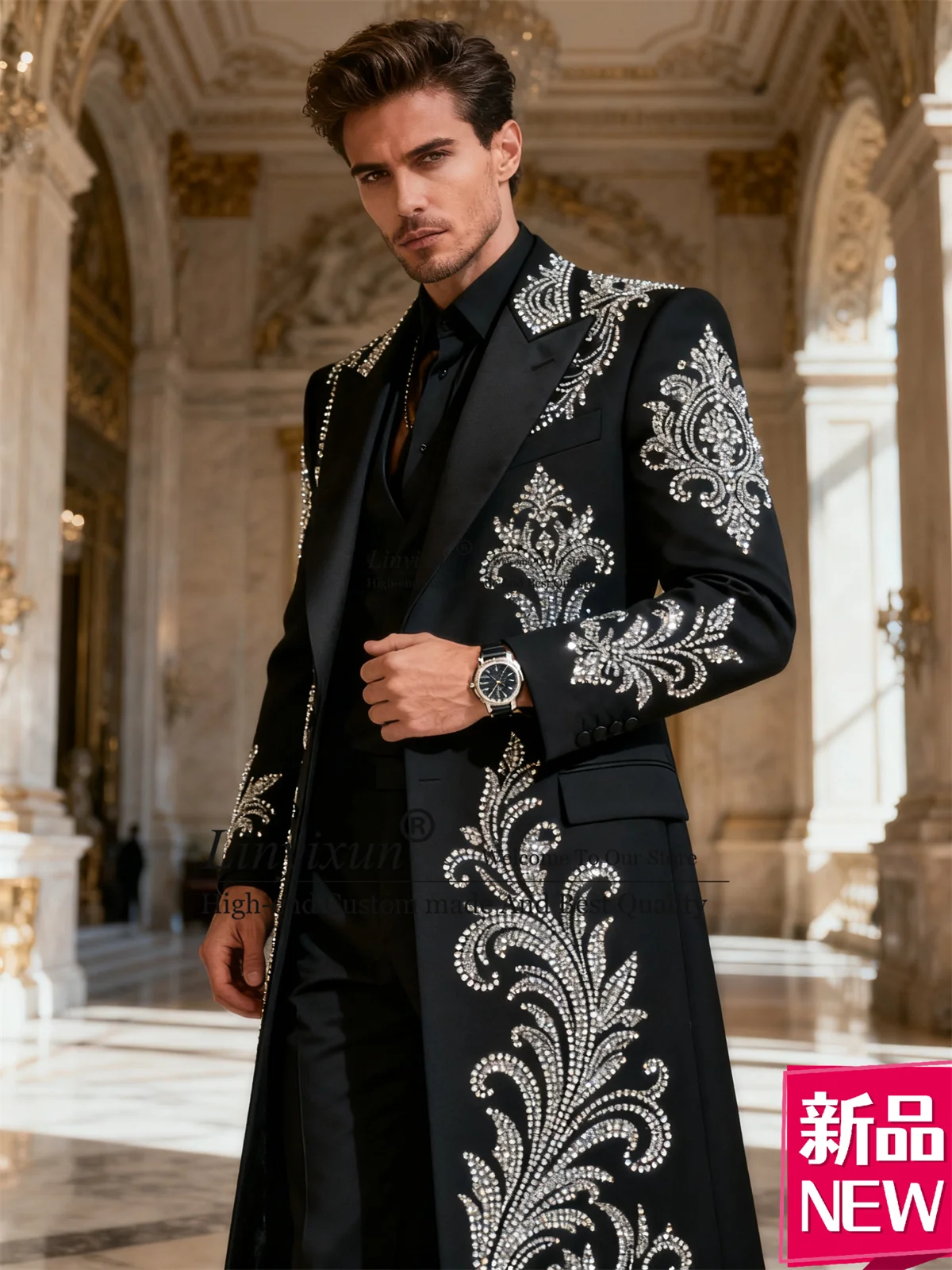 

Long Coat Pants Design Men Suits 2 Pieces Sets Groom Wedding Party Stone Rhinestone Tuxedos Costume Homme Customized Ropa Blazer