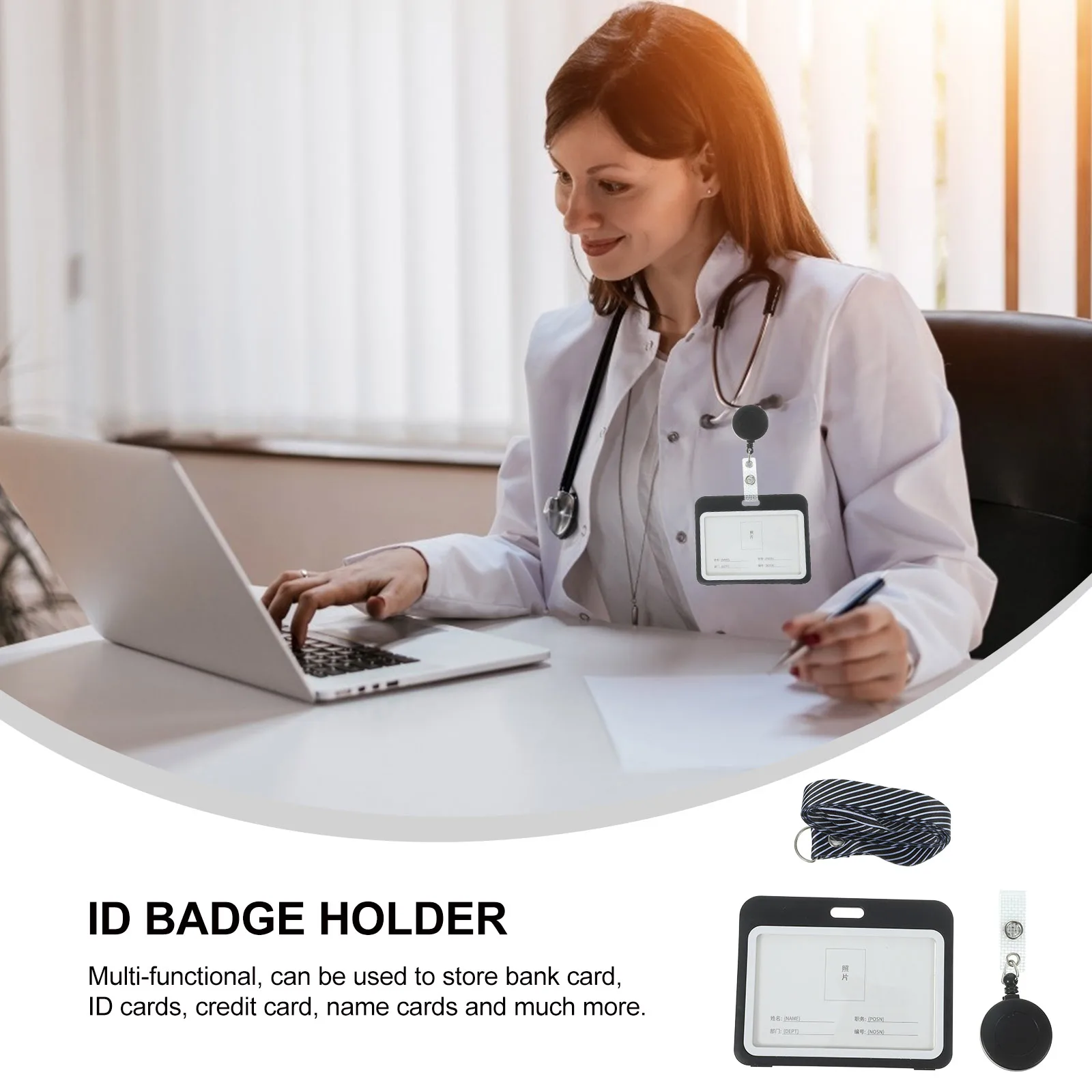 

2Pcs Gray Horizontal Badge Holder ID Card Sleeve Working Card Protector Lanyard For Nurses Teachers