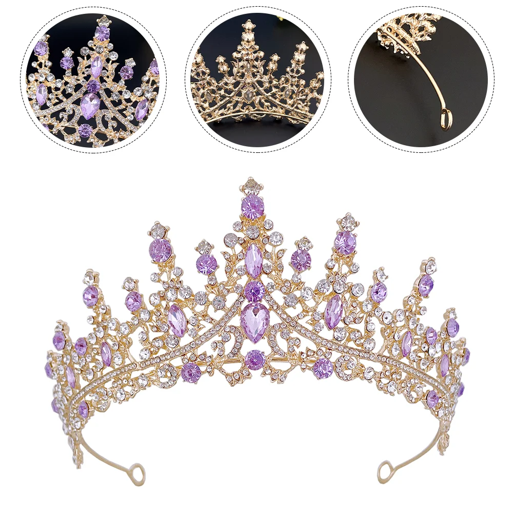 

Purple Crystal Crown Headband Wedding Headpiece for Bride Tiara Girls Bridal Small Rhinestone Headdress Shiny Headwear