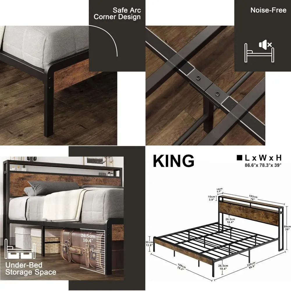 

Винтажная коричневая кровать-платформа размера King Size с 2-уровневым хранилищем, прочная, устойчивая, бесшумная, простая в сборке, не требует пружинного блока.