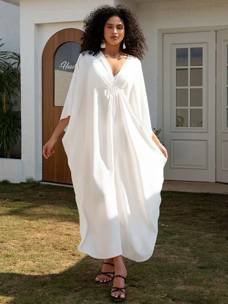 

2024 White Women Kaftan Robe V-neck Chinese Knot Auspicious Knot Beach Plus Size Dress Swimsuit Cover Up Vacation Outfit Q1306