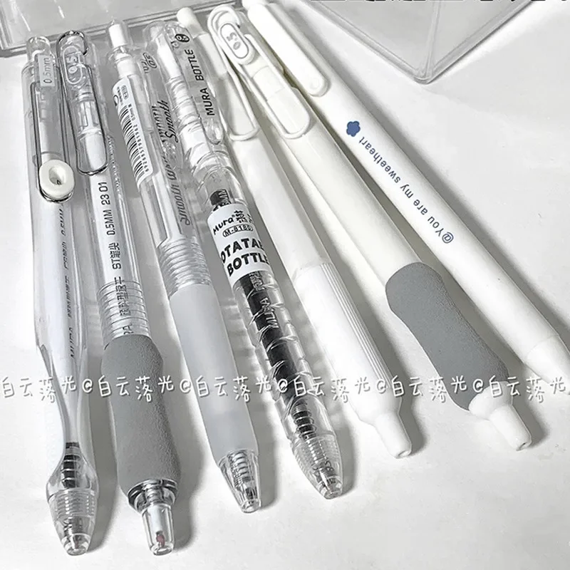 7pcs Simplicity Gel Pen Fashion White Transparent Solid Color Stationery Gel Pen for Kids 0.5mm Black Ink Scrapbook Pen School