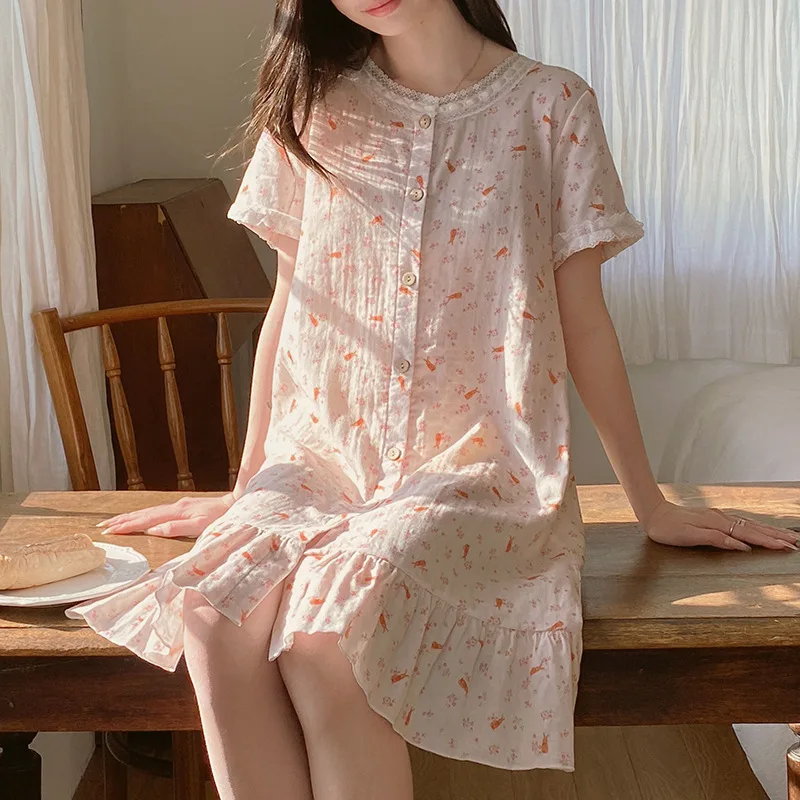 

Милая хлопковая ночная сорочка с коротким рукавом, новинка лета 2026, свободная ночная рубашка в стиле принцессы с кружевным принтом, удобная тонкая домашняя одежда