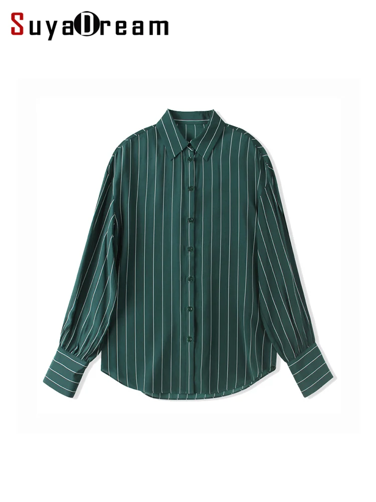 

SuyaDream, Women Stripes Shirts, 100%Real Silk, Turn Down Collar, Green Chic Blouses, 2024 Spring Summer Office Lady Top