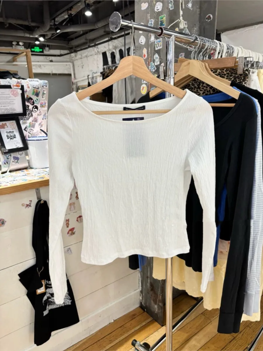 

Folds White Slim Long Sleeve T-shirt Woman Spring Casual Sexy Slash Neck Cotton Texture Tees Sweet Basic Simple Tshirt New OOTDS