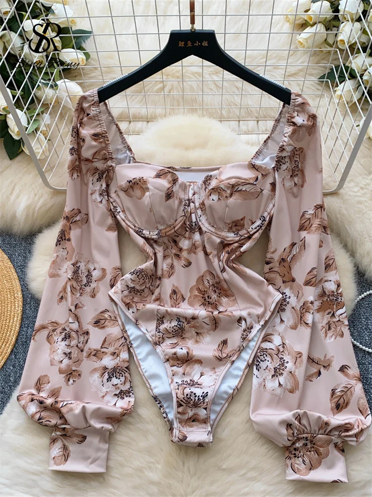 SINGREINY French Vintage Women Floral Bodysuits Fashion Lantern Sleeve Sheath Playsuits Ladies Open crotch Retro Sexy Rompers