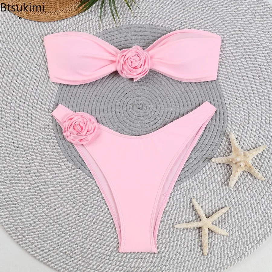 New Bandeau Bikini Front 3D Flower Flower Decoration Swimwear Women High Waist Solid Swimsuit Sexy Beachwear Bathing Suit Summer