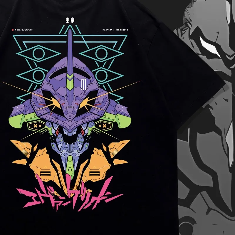 Anime Mecha Double Sided Print T Shirt, Oversized Evangelion Unit 01 Graphic Tee, Unisex Streetwear Short Sleeve