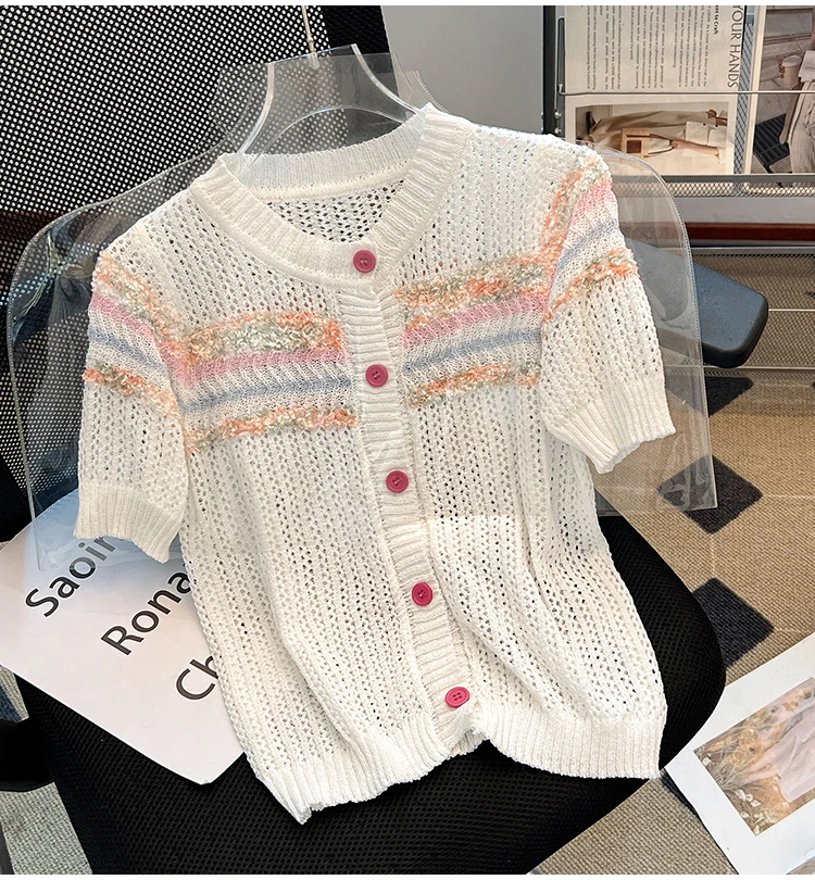 Cardigan maglione lavorato a maglia a righe arcobaleno donna 2025 maglioni estivi scava fuori manica corta monopetto elegante moda maglieria