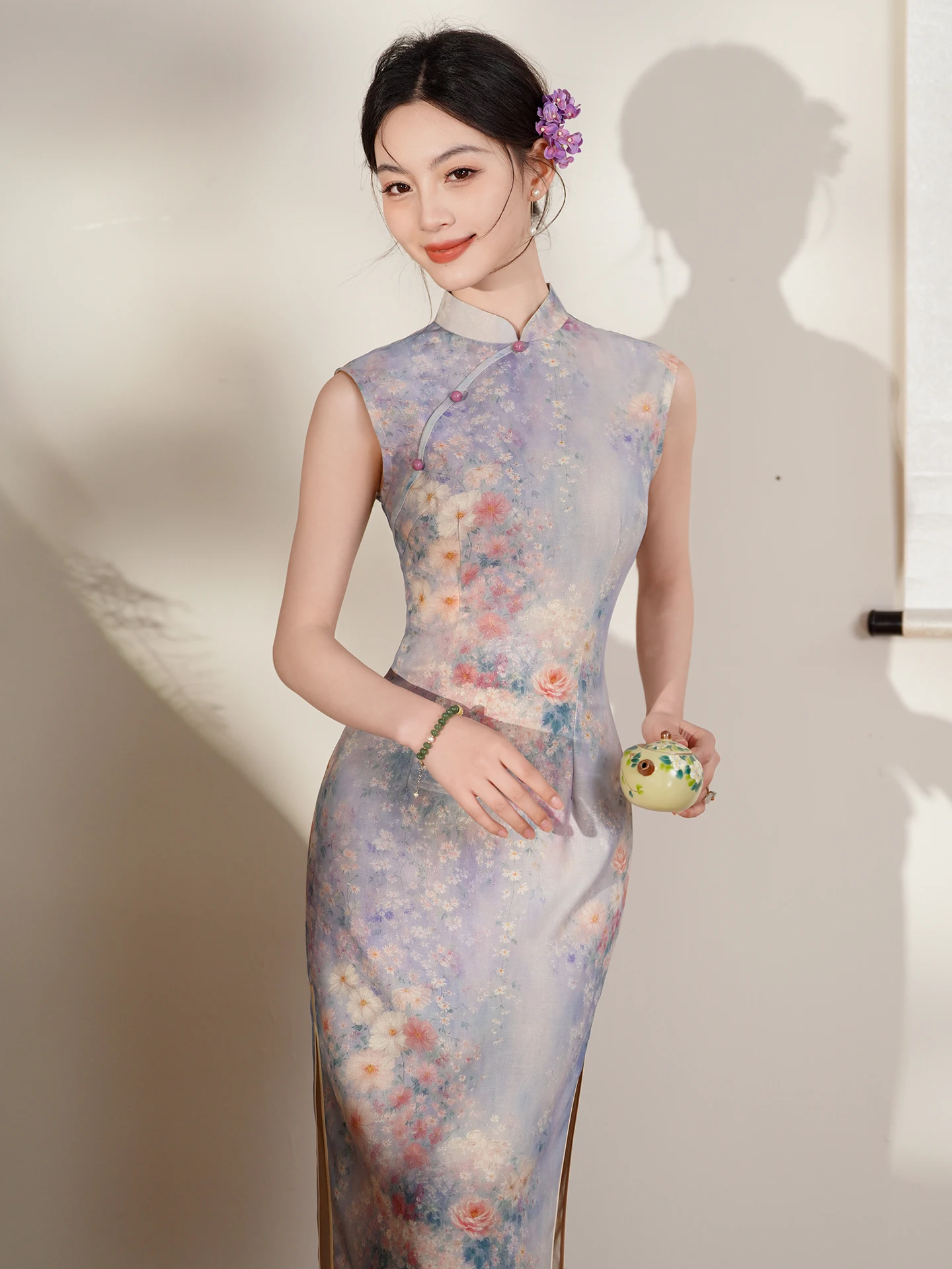 

Молодежное ретро-платье без рукавов в китайском национальном стиле, длинное ципао для офиса, дышащее, из полиэфирного волокна, с низким разрезом