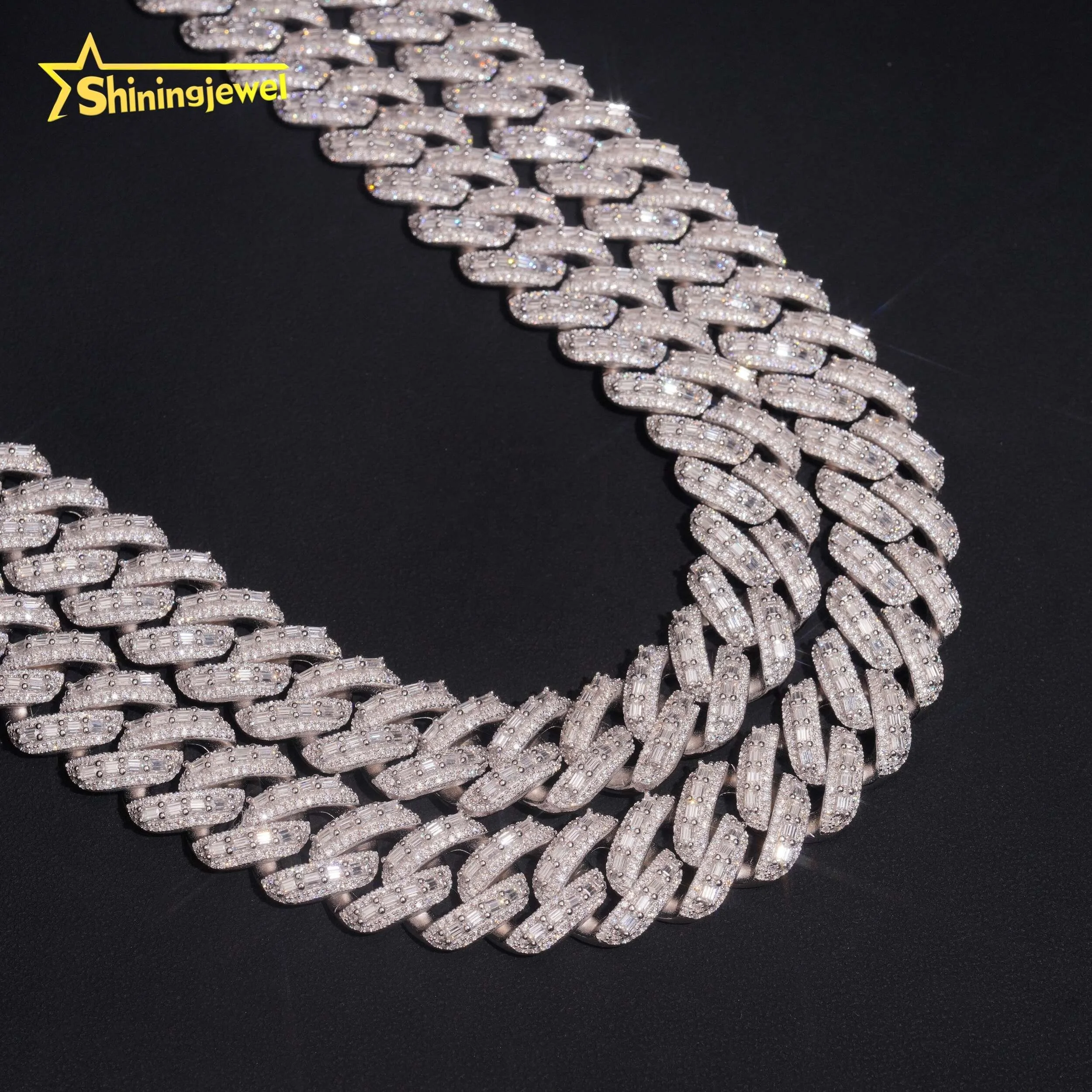 Rapper Jewelry Luxury Hip Hop Style Baguette Moissanite Iced Out 18mm 925 Silver Diamond Cuban Link Chain...