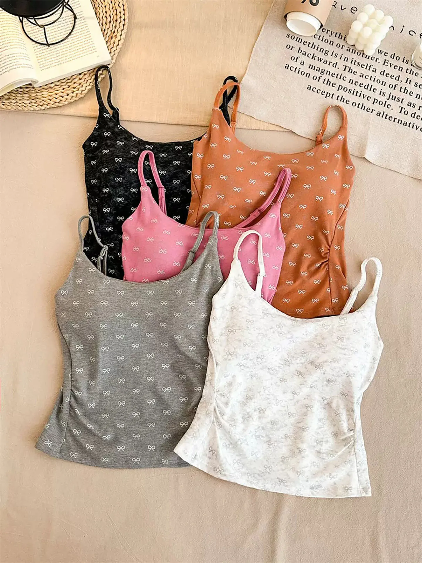 Sexy  Knot Print Strap Vest Women's Autumn with Chest Pad Slimming Inner And Outer Wear Spicy Girl Style Top