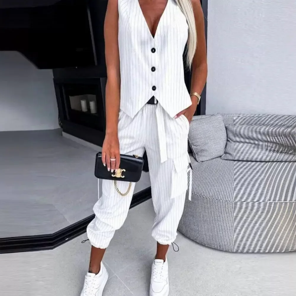 Women 2pcs Clothes Set White Striped Sleeveless Vest Suit Casual & Ankle Length Pants Trousers