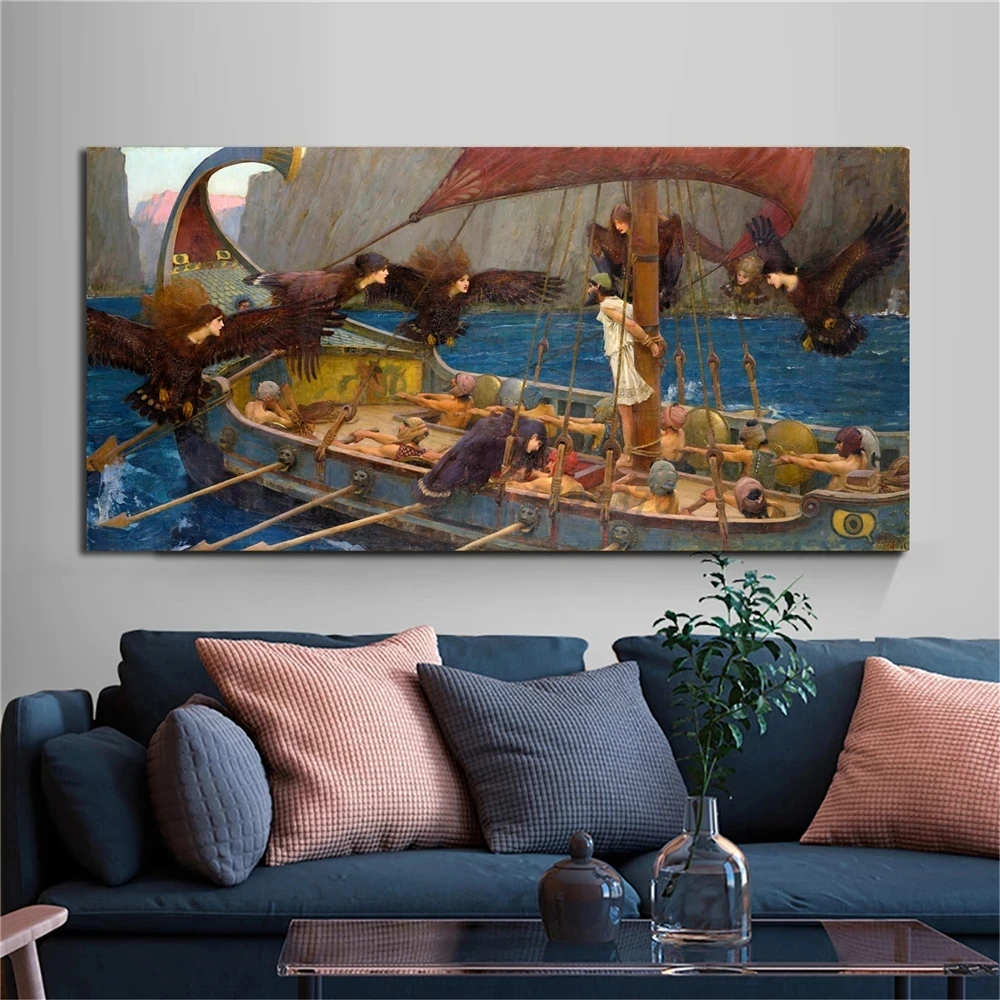 Famous Artwork John William《Ulysses and The Sirens》Canvas Painting Posters and Prints Pictures for Living Room Home Decor