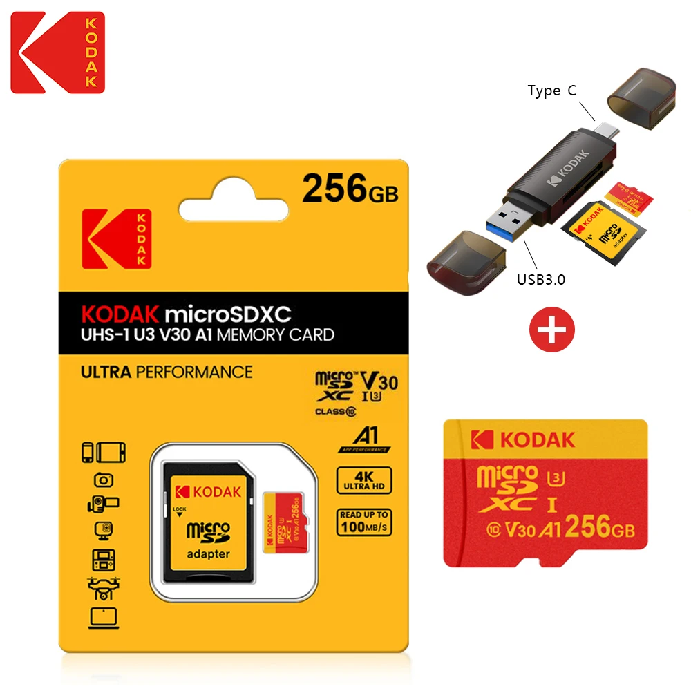 

Kodak Micro SD Card Memory Card 64GB 128GB 32GB 256GB U3 4K High Speed UP TO 100MB/s TF card With Card reader For Smartphone PC