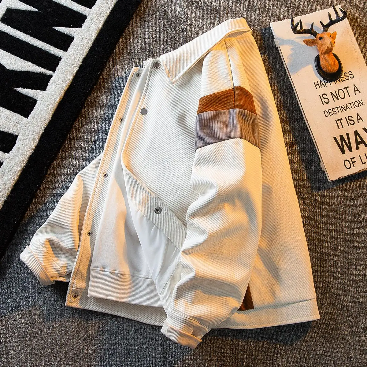 

American Retro Patchwork Casual Men's Spring Autumn Trendy Asymmetric High-End Feeling Jaet Clothes Loose Fit Color Blo Y...