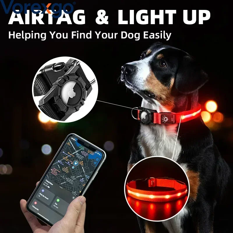 USB Chargeable Dog Collar For Apple Airtag GPS WaterProof Pet Led Finder Light Swimm Walking At Night Tracker Case Dog accessory