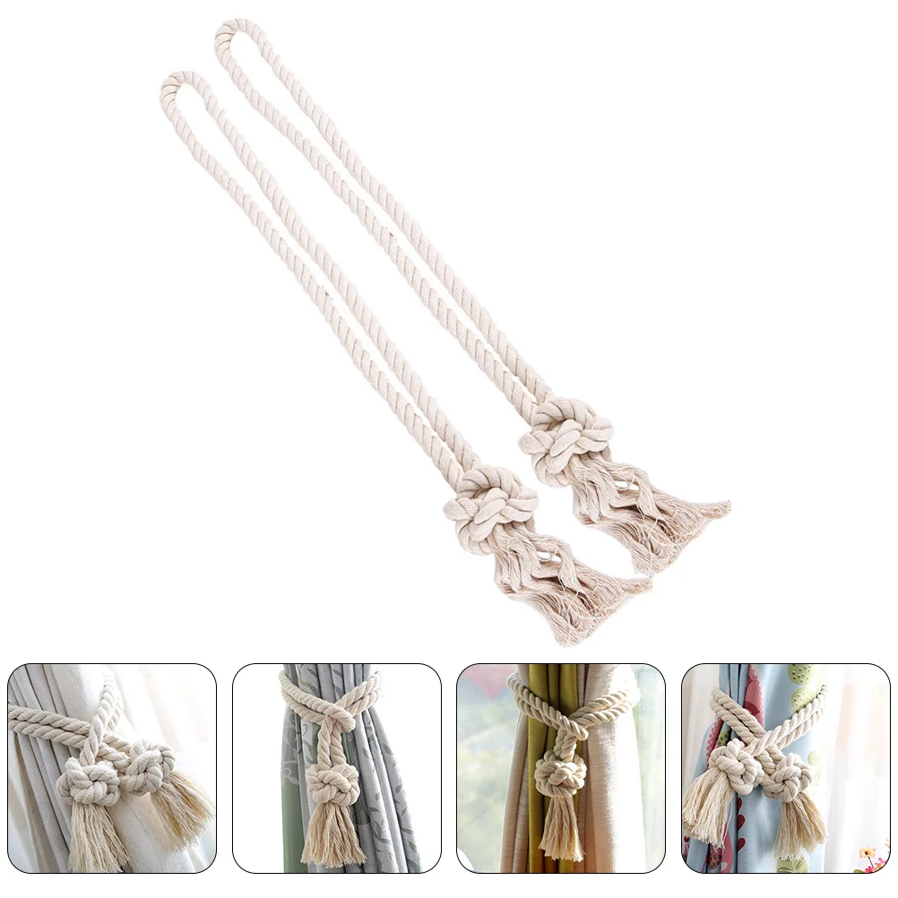 2 fermacravatte per tende con nappe retrò, corda di cotone, fibbia per tende rustiche lavorate a maglia beige per tende da interno ed esterno, corda di cotone