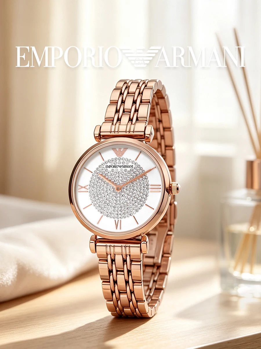 AR11244 Ladies Quartz Timepiece Rose Gold Metal Band Paved Crystal White Dial Roman Numerals Sophisticated Dress Wristwatch