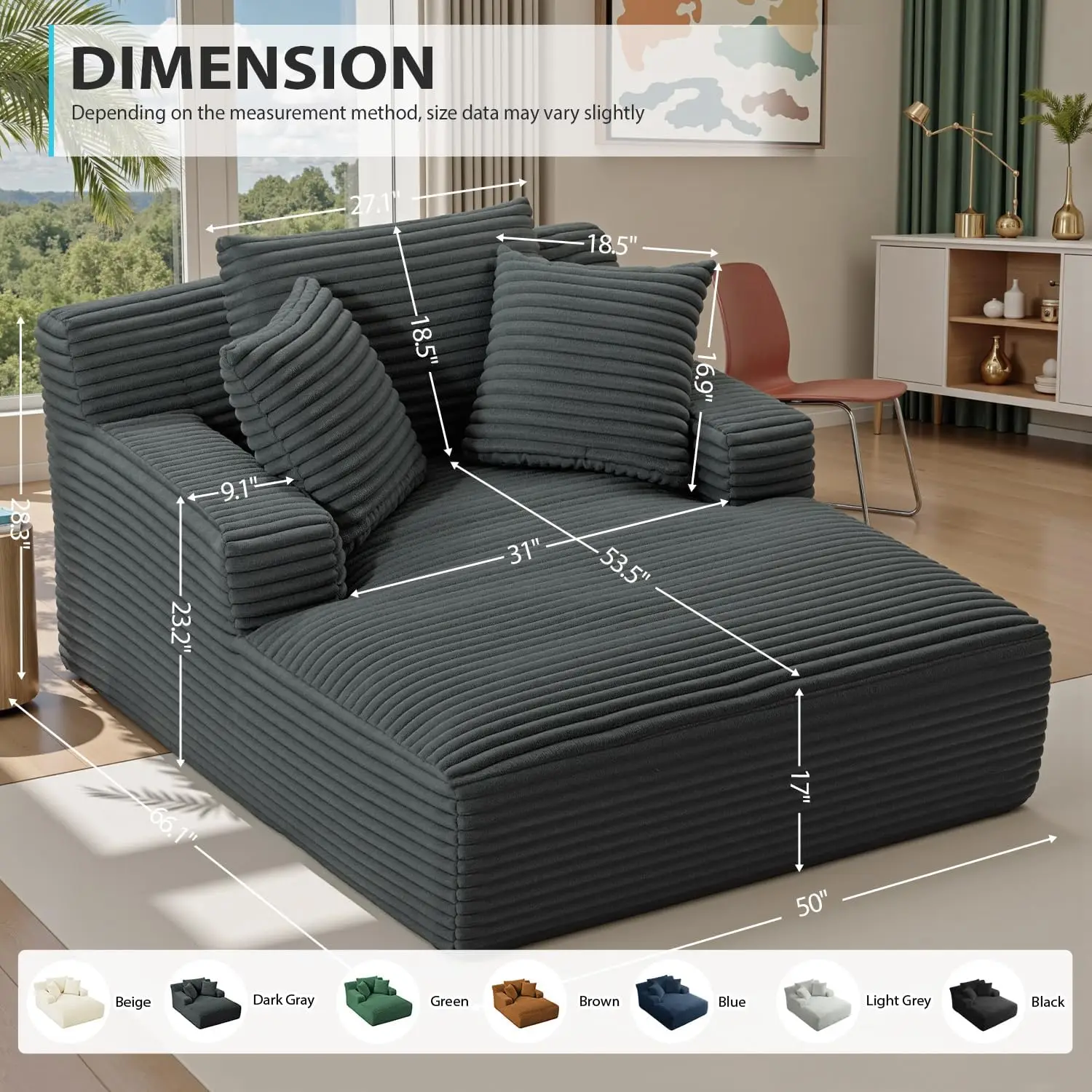 Oversized Corduroy Upholstered Boneless Sofa Bed, Deep Seat Sleeper Couch Reading Chairs, Cloud Sofas Couches for