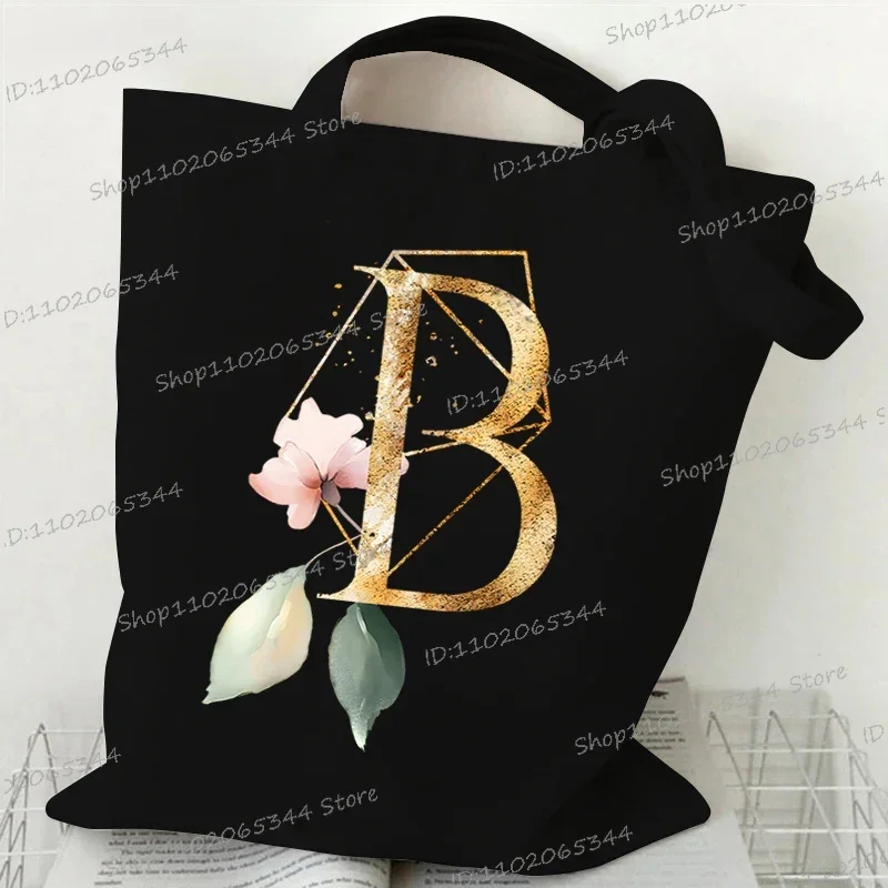 Golden Plant Print Canvas Bag Women's Shoulder Bag Fashion Floral Letter Shopping Shopper Ladies Hand Bags Alphabet Tote Bag