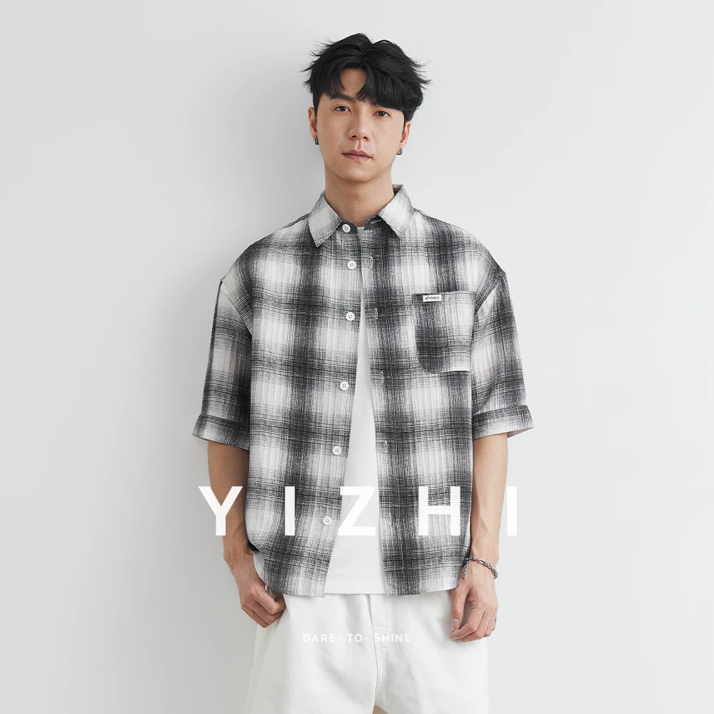 Summer Men's Letter Embroidery Plaid Short Sleeve T-shirt Pocket Chicano Street Trend Single Breasted Lapel Half Sleeve Shirt