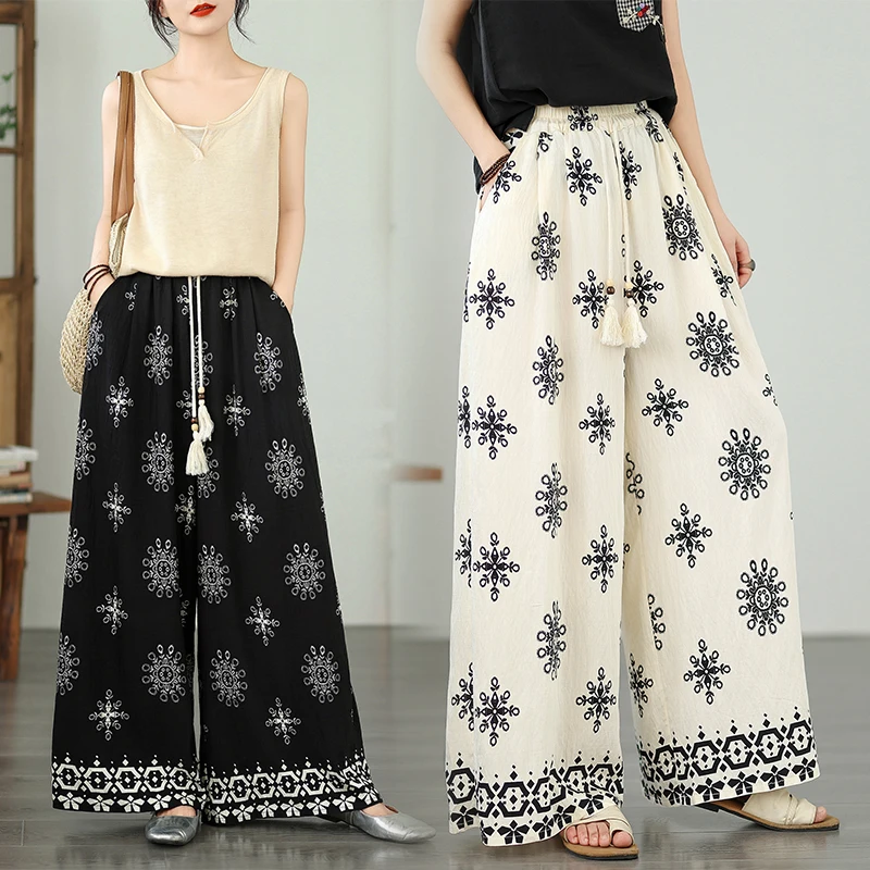 

Широкие брюки с принтом в стиле ретро, женские летние новые китайские легкие брюки в национальном стиле, льняные крутые прямые брюки с бусинами...