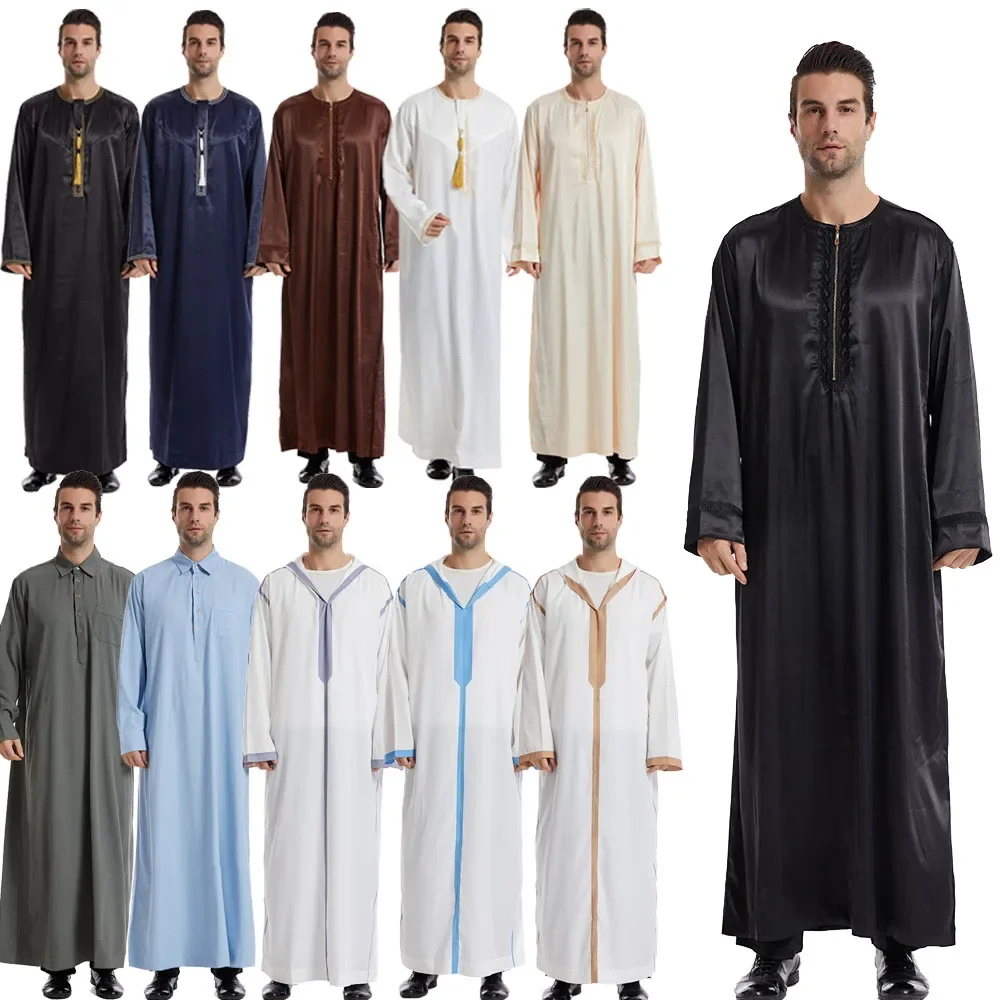 ผู้ชายดูไบซาอุดีอาระเบีย Abaya มุสลิม Jubba Thobe ชุด Eid ตุรกีอาหรับ Robe Kaftan เสื้อผ้าอิสลามโมร็อกโก Caftan ตะวันออกกลาง Abayas