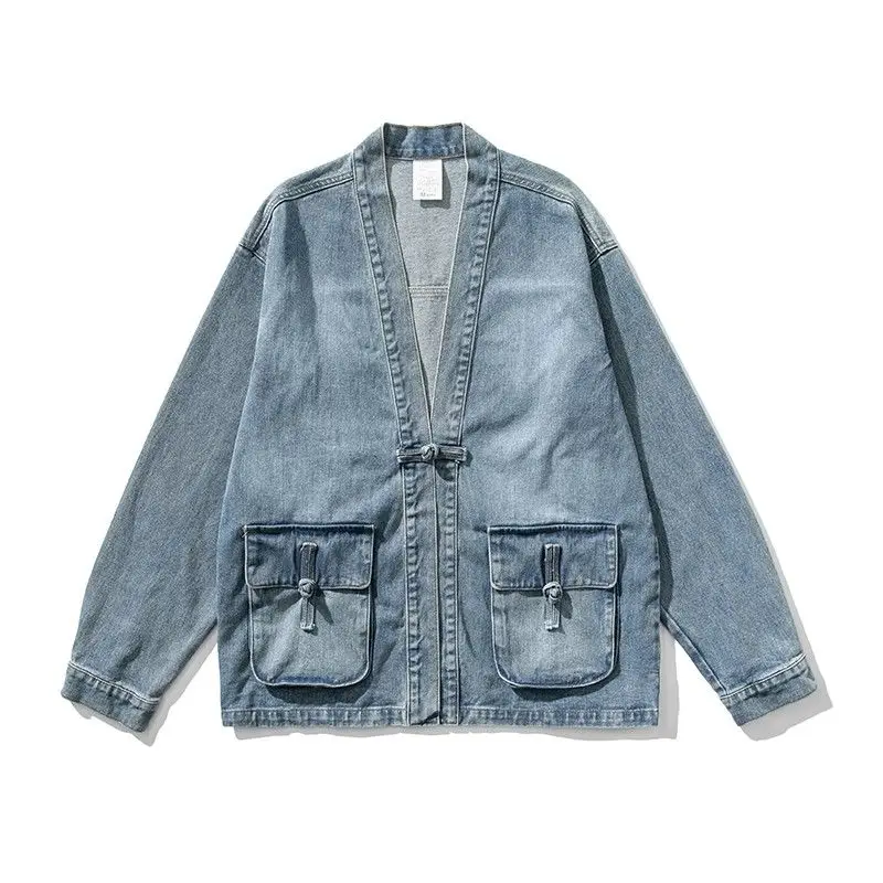 

New Chinese Sle Large Size Men's Jaet Spring Autumn Denim Button up Good Things Wind Vintage Collar Loose Fit Cotton Blend