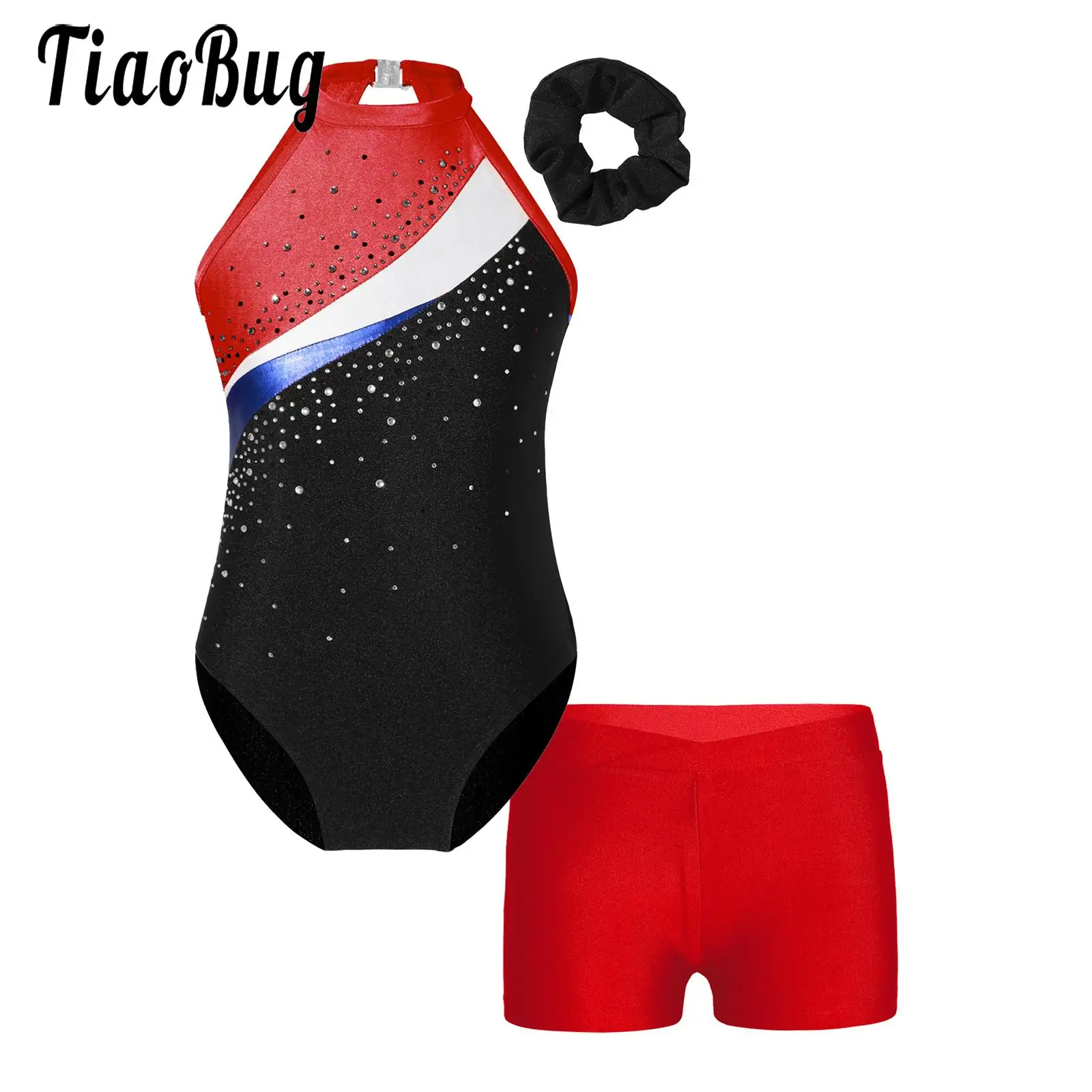 

Kids Girls Dance Ballet Outfit Stage Costume Sleeveless Rhinestones Leotard with Hair Band and Shorts for Gymnastics Workout