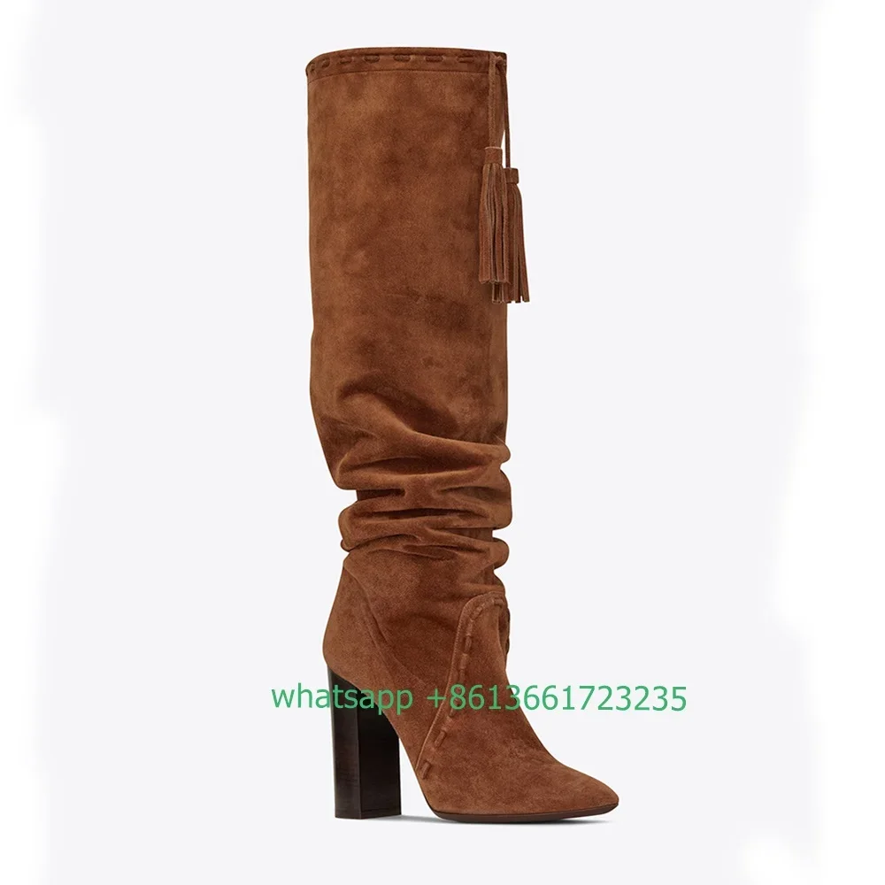 

Women Black Brown Pointed Toe Boots Tassel Large Size Pleated Chunky High Heel Boots Suede Slip On Women Winter Over Knee Boots