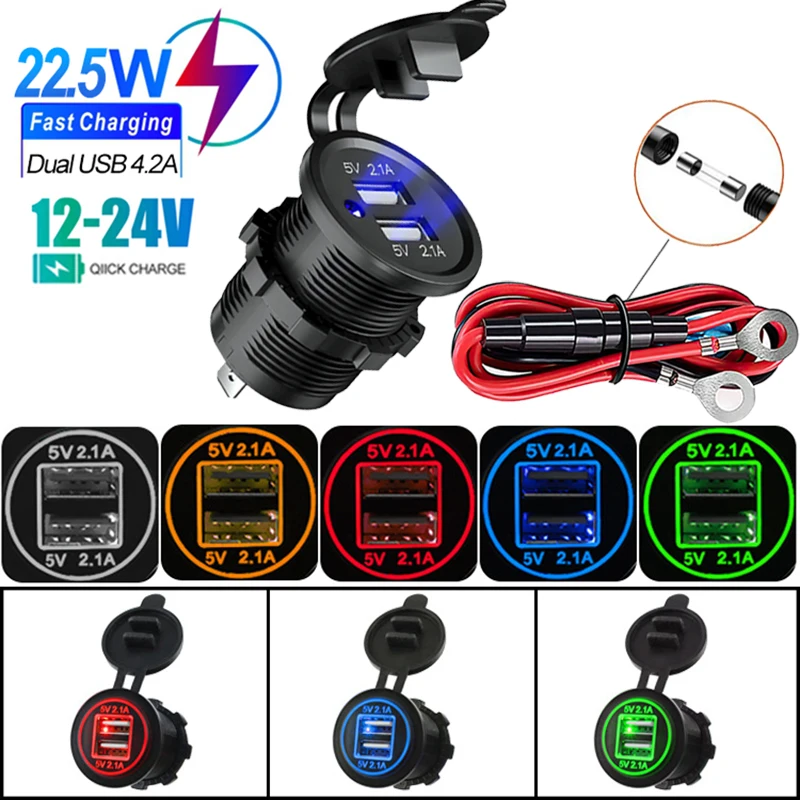 Ładowarka samochodowa 12/24 V z podwójnym portem USB Motocyklowe gniazdo ładowarki 5 V 4,2 A Wodoodporny adapter szybkiego ładowania do pojazdu Łódź Ciężarówka