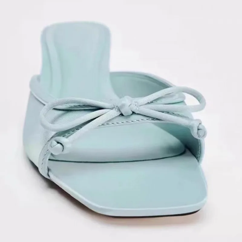 New Women's Summer Butterfly-knot Slippers Street Style Square Toe Thick Heel Dress Shoes Outdoor Ladies Slides Zapatos Mujer