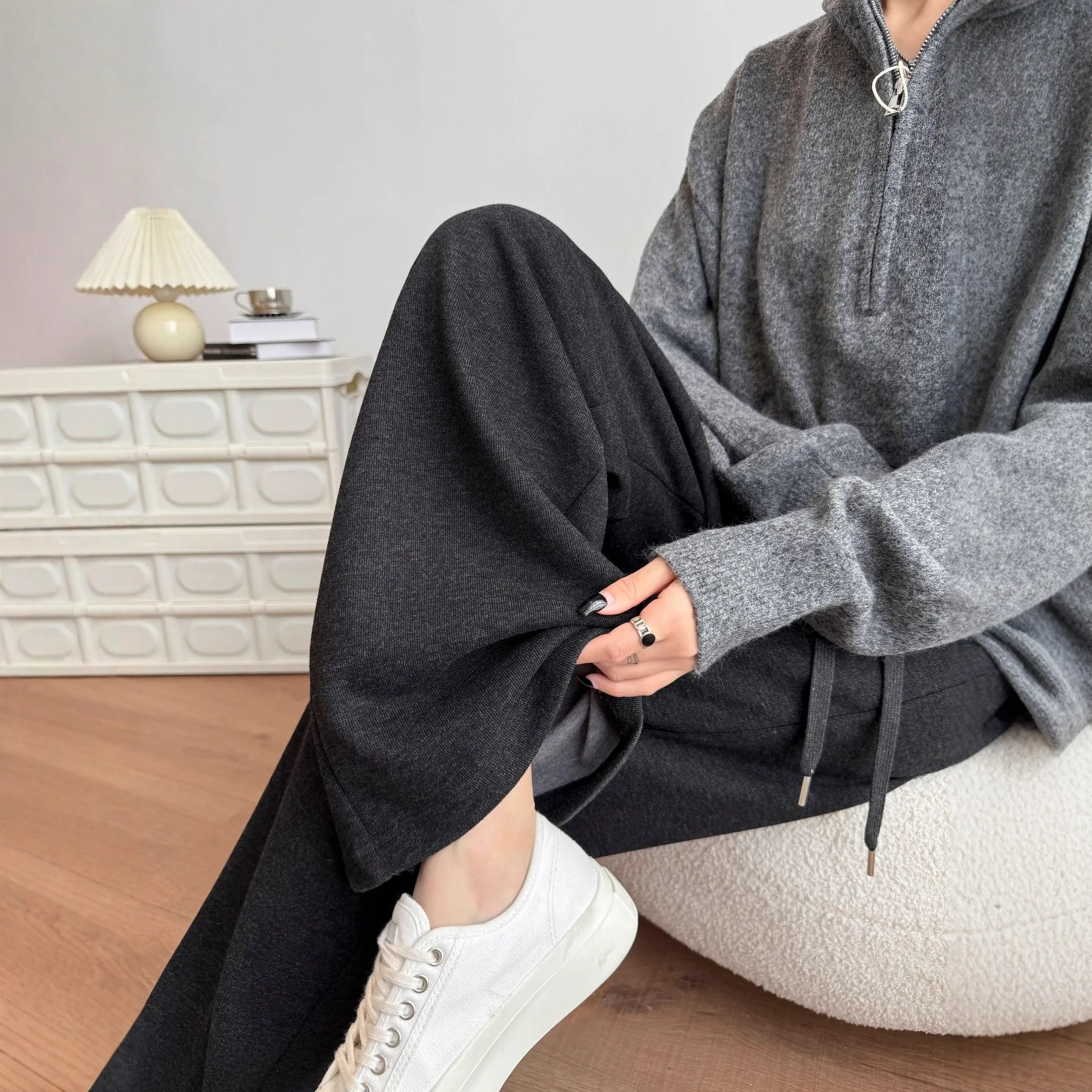 Black Gray Wool Pants 2025 Autumn and Winter Women's Wide-leg Pants Drape Glutinous Rice Straight Casual Pants