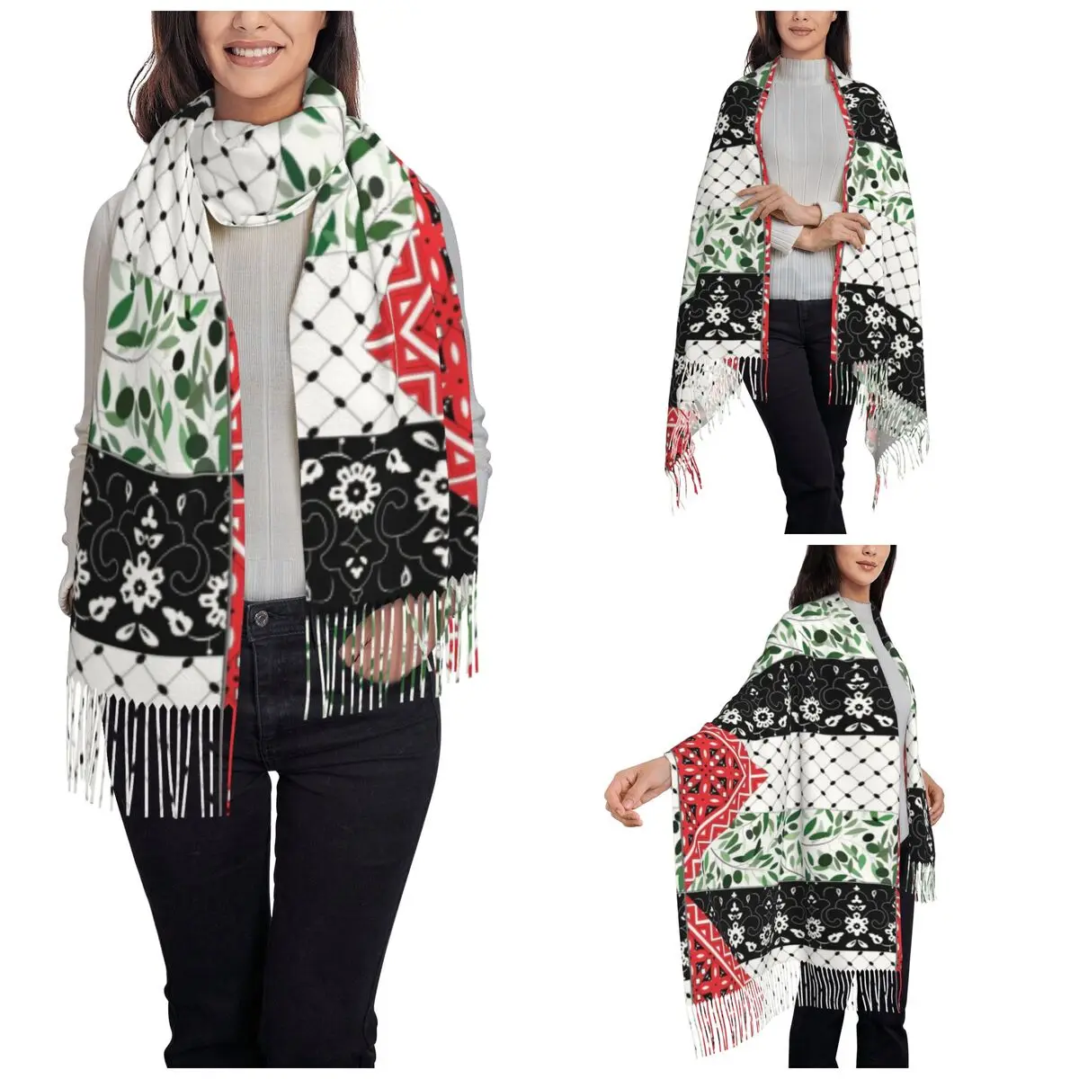 Women\'s Scarf with Tassel Palestinian Flag Olives And Keffiyeh Long Winter Warm Shawl and Wrap Gifts Pashmina Scarves