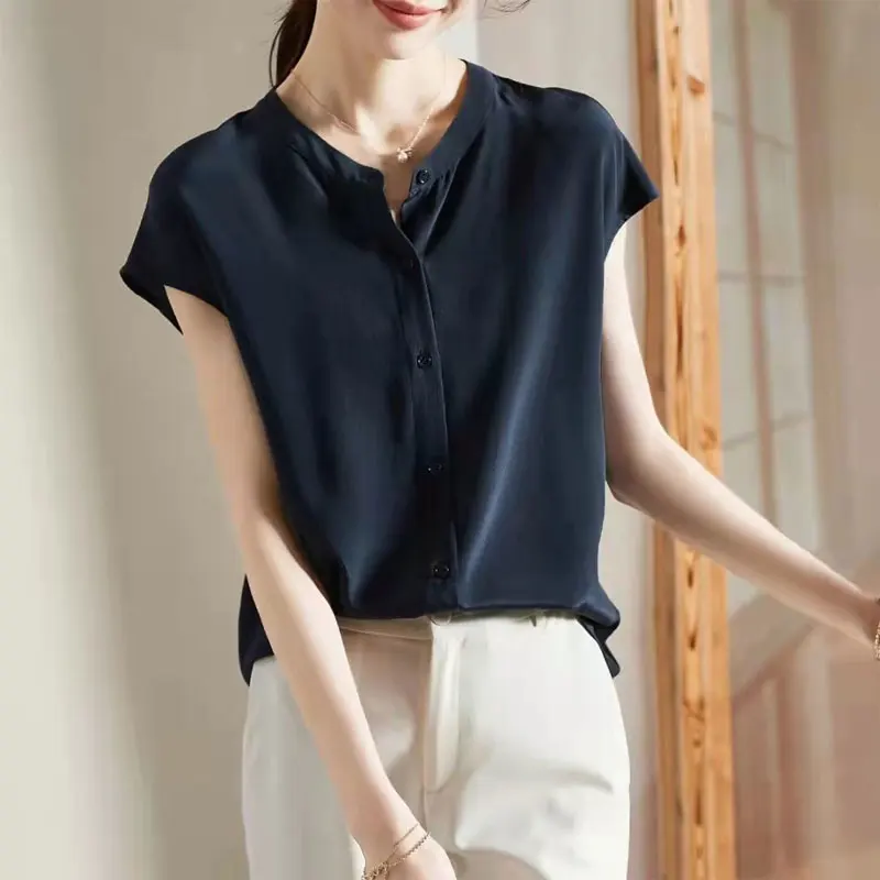 2023 Summer Commute Round Neck Blouse Fashion Single-breasted Women\'s Clothing Solid Color All-match Casual Short Sleeve Shirt