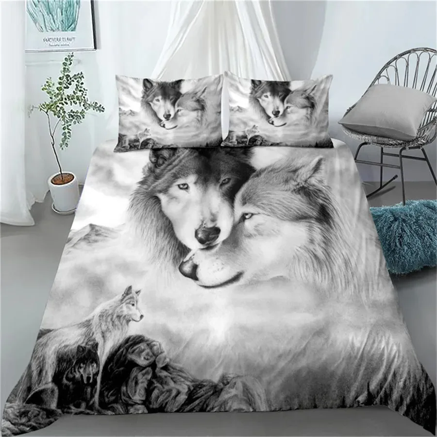 

Couple Of Wolves Grey Bedding Set King Queen Double Full Twin Single Size Bed Linen Set