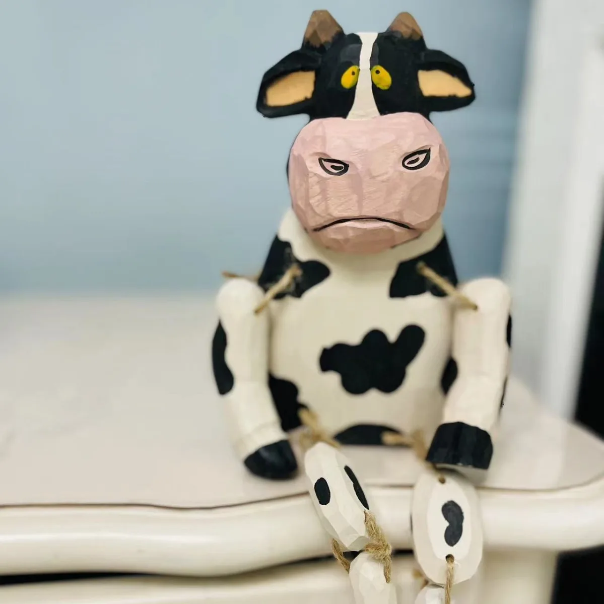 Creative Wood Carving Ornament - Hanging Leg Cow, Cute Handmade Solid Redwood Pet Figurine