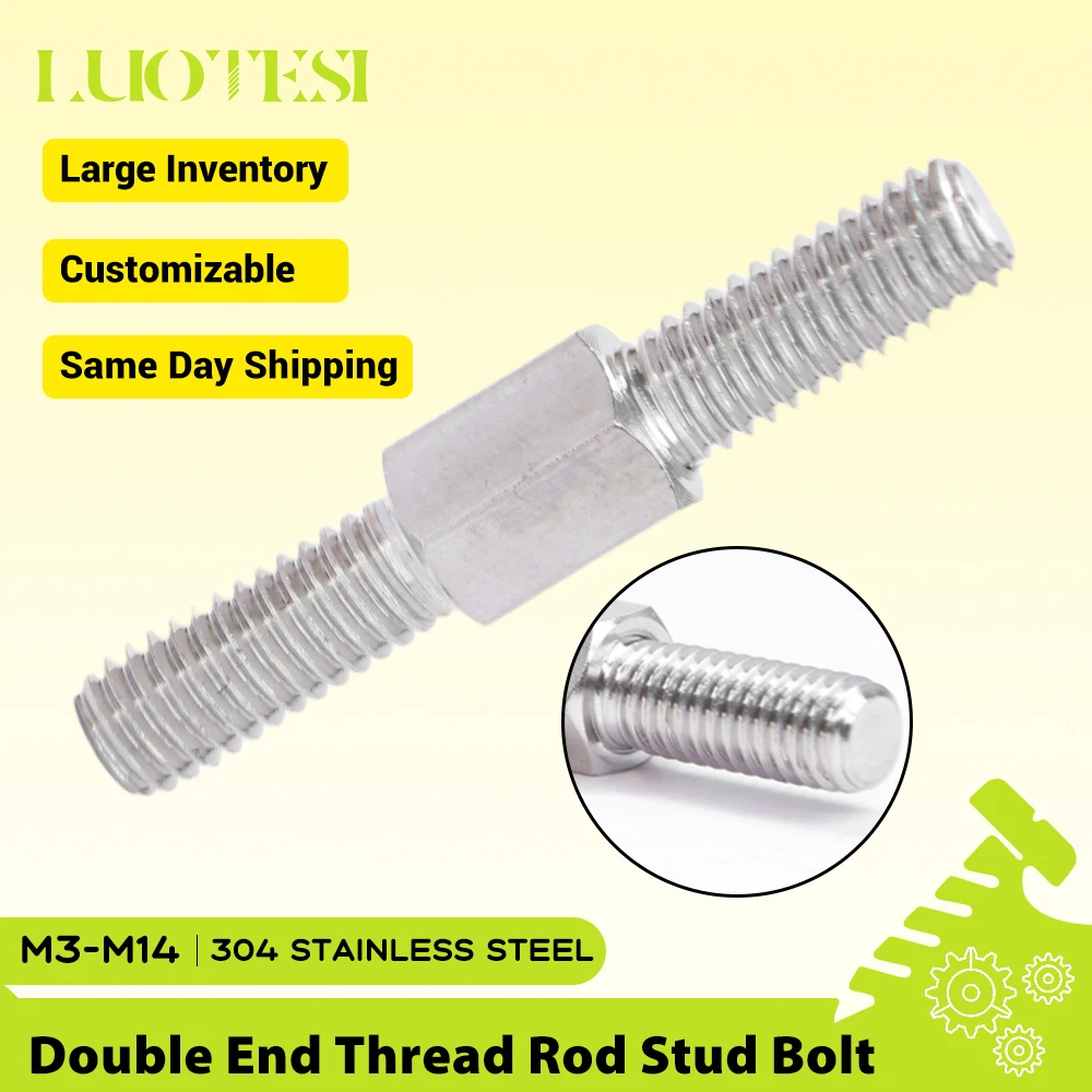 Double End Thread Rod Stud Bolts 304 Stainless Steel M3 M4 M5 M6 M8 M10 M12 M14 Left and Right Thread Dual Head Threaded Bar