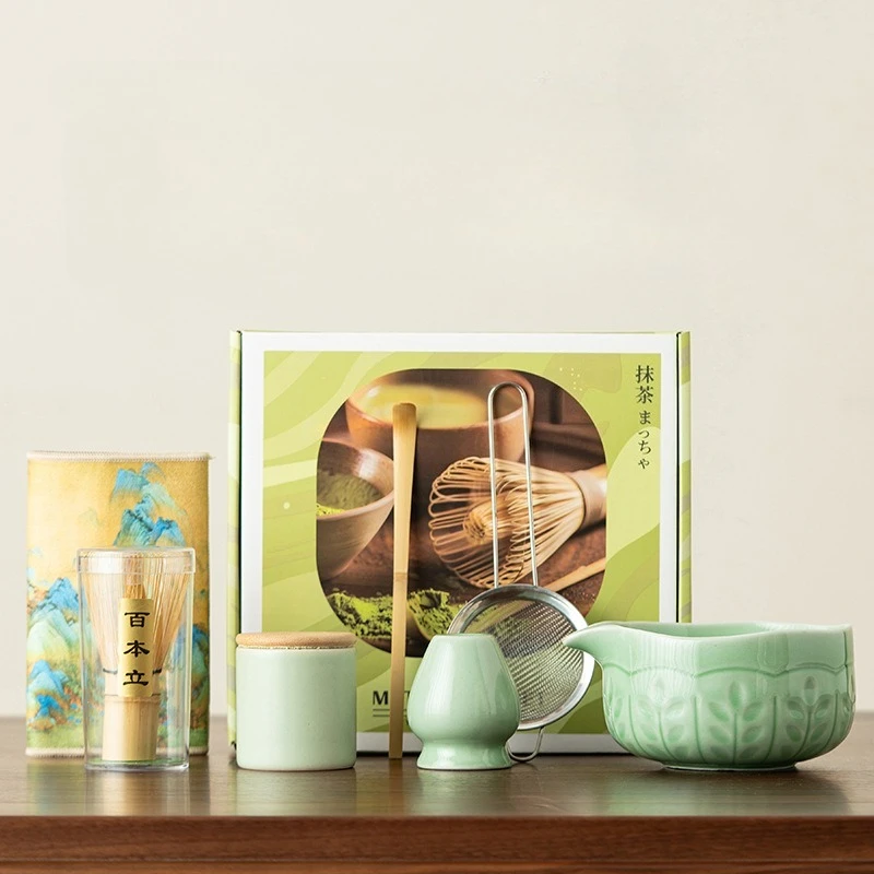 

BespritGift Artisan Ceremonial Matcha Set 7pc Ru Kiln Sunflower Chawan Tea Caddy 100Prong Bamboo Matcha Whisk Song Dynasty Style