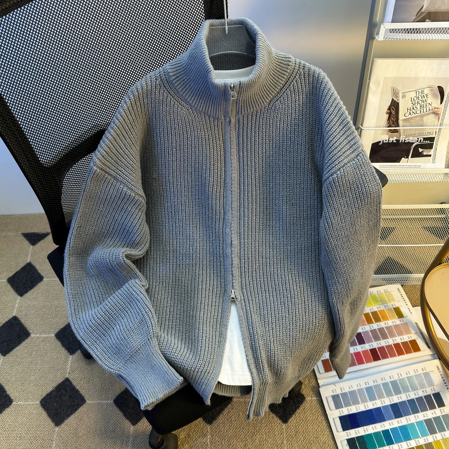 

American Sle Loose Fit Pure Color Stand Collar Early Autumn Knitted Sweater Coat for Men Casual Youth Vitali Sle