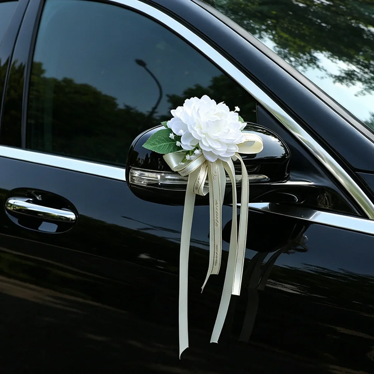 4/6pcs White Dahlia Wedding Car Door Handle Decoration Car Rearview Mirror Flowers with Ribbon Just Married Auto Decor