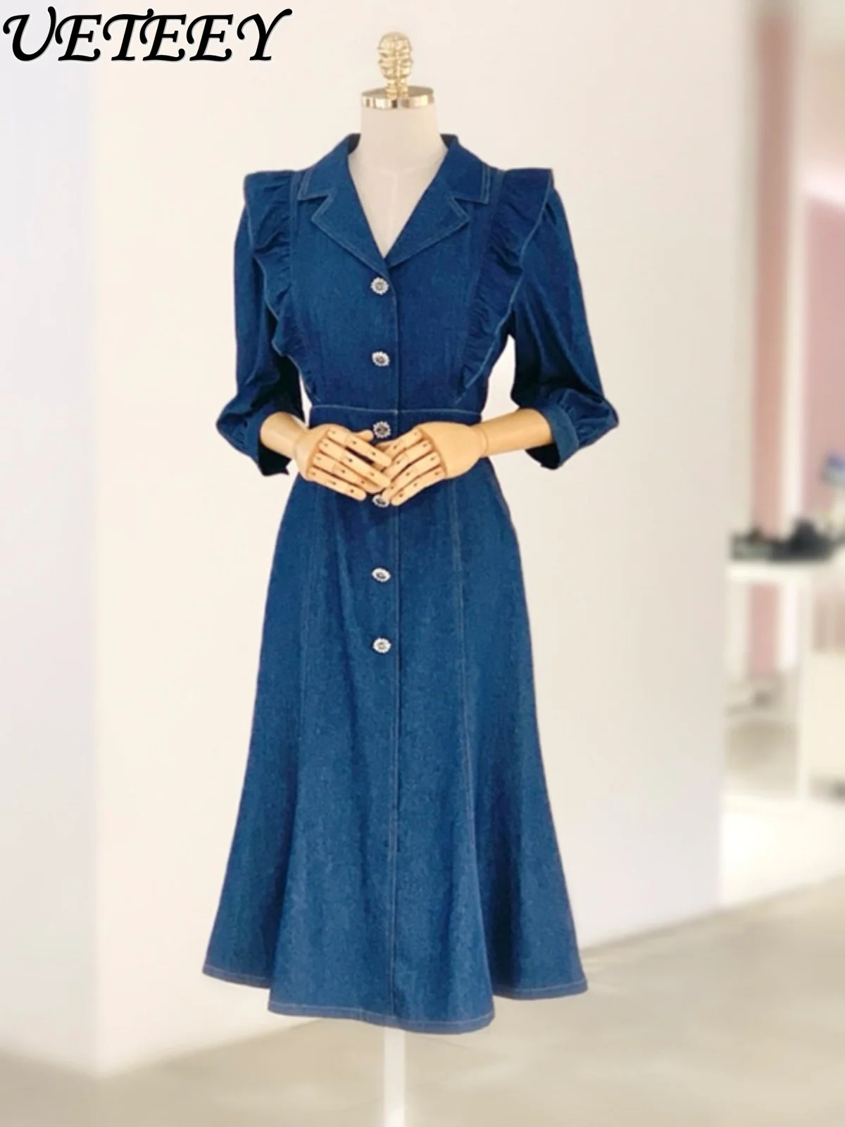 Spring and Autumn New Fashion Ruffles Slimming Waist Denim Dress Elegant Single-Breasted 3/4 Sleeves Casual Dresses for Women