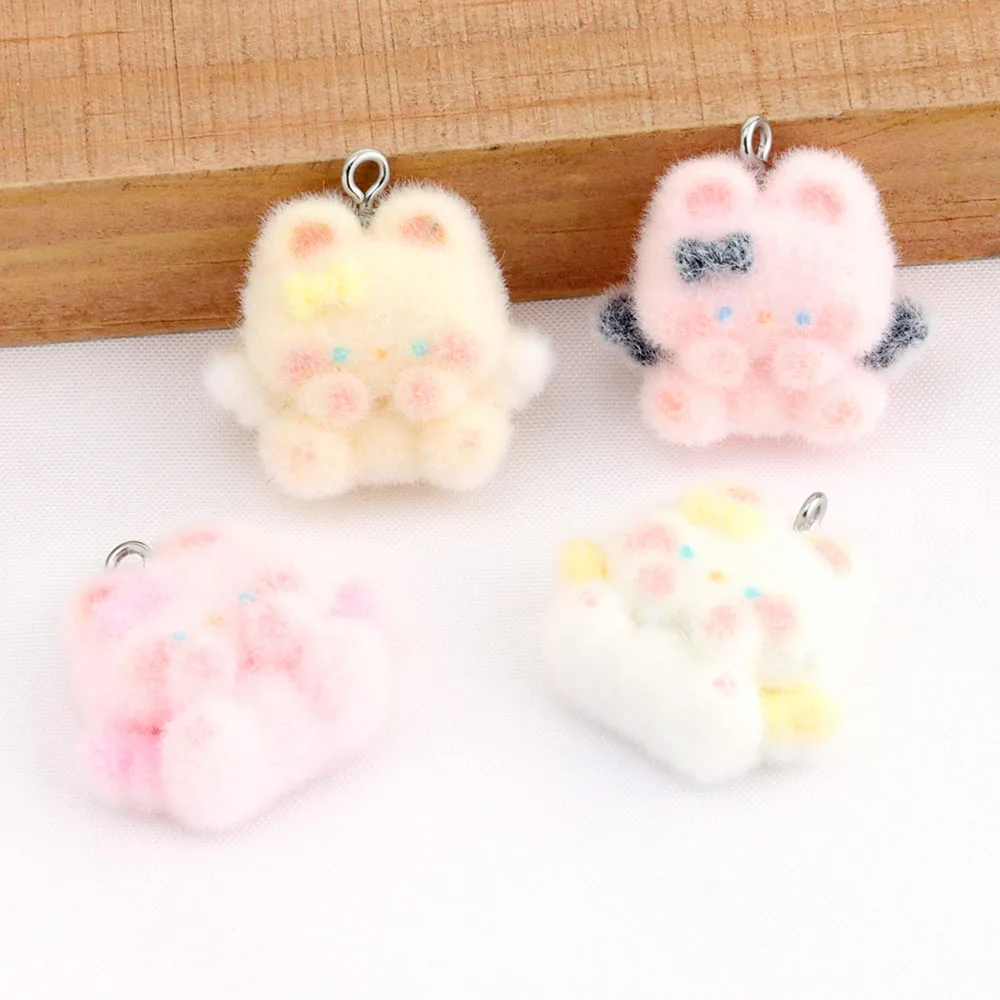 

4Pcs Three dimensional Cute Flocked Resin Colorful Winged Bunny Pendant DIY Car Keychain Handmade Accessory Bag Charm