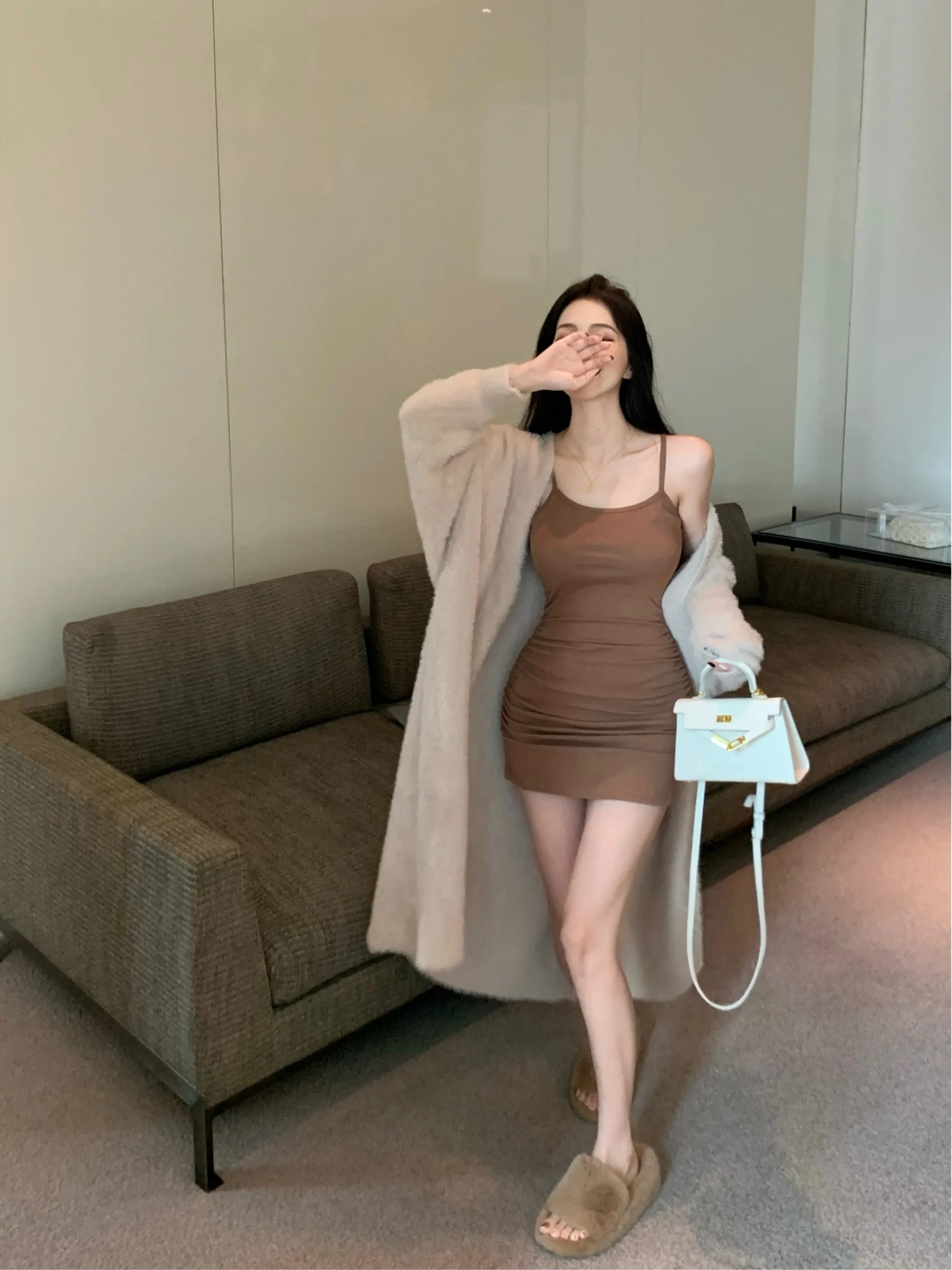 Soft Loose Women's Knitted Sweater Coat Autumn Winter New Sle No Button Design Medium Length Pure Color Commute Sle